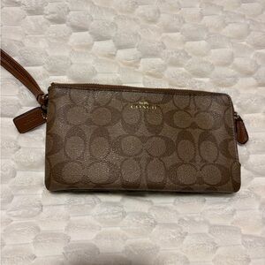 Coach Signature Brown double zip wristlet